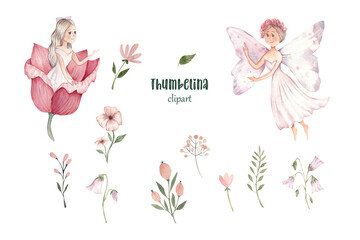 
Fairy watercolor set, Thumbelina, flowers, spring flowers, leaves. fairy tale character