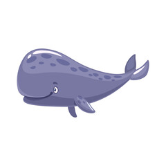 Cartoon cachalot or sperm whale character, cute sea water animal or happy ocean fish vector personage. Marine underwater mammal, funny toothed whale character with blue spotted skin, tail and fin