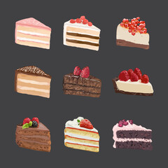 Sweet cakes slices pieces. Hand drawn watercolor vector illustration