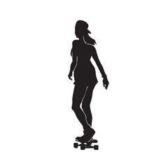 Fototapeta na wymiar Black silhouette of skateboarder. Skateboard girl. Skateboarding trick ollie. Jump on skateboard. Vector illustration. Silhouette of a cute girl with long hair, with skateboard.