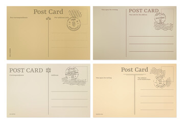 Vintage postcard, post card templates of back background, vector postal stamps. Old retro postcard or paper letter, blank postage mail or travel post cards from Barcelona, Bayern and Kentucky - obrazy, fototapety, plakaty