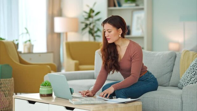 Entrepreneur, professional and startup worker on her laptop inside home office. Woman thinking, idea and planning digital marketing employee online. Remote, communication and email in house lounge.