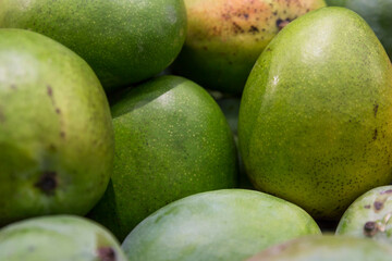 Lots of mangoes in a box at the market. Seasonal fruits. Close-up.