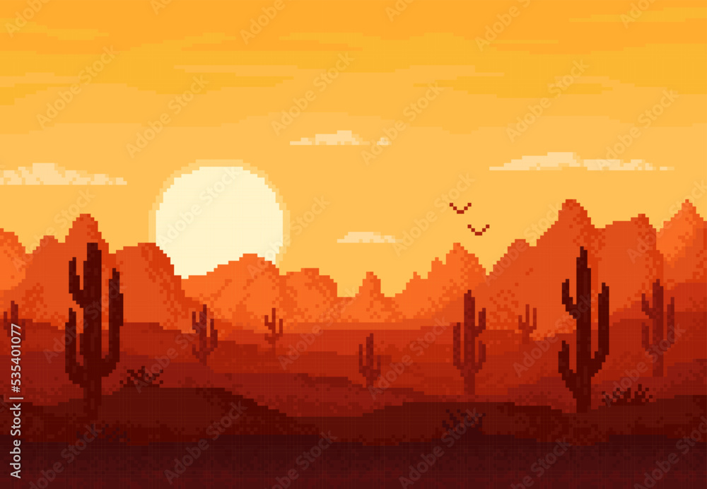Poster 8bit pixel desert landscape, arcade game level vector background with mountains and sunset. 8 bit pi