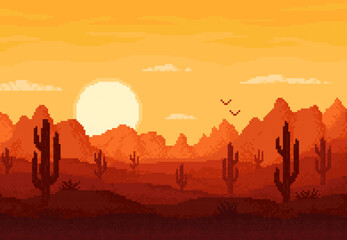 Fototapeta na wymiar 8bit pixel desert landscape, arcade game level vector background with mountains and sunset. 8 bit pixel art game cartoon landscape of Arizona or Texas desert with canyon rocks, cactus, birds and sun