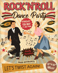 Rock and Roll Dance Party retro poster with dancing couple man and woman. - obrazy, fototapety, plakaty