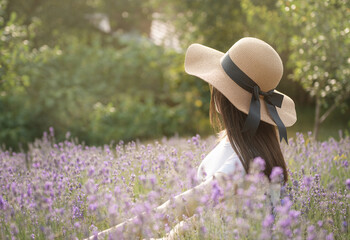 Beautiful young girl on lavender field.