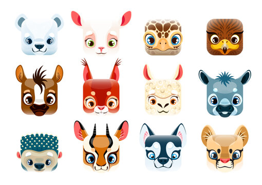Cartoon kawaii square animal faces, emoticons and smiles, vector icons. Cute happy kawaii animals emoji of bear, turtle, eagle bird and baby deer with squirrel, wolf or donkey and lama or sheep lamb