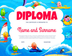 Kids diploma, cartoon vitamin and mineral characters on beach vacations, vector award certificate. School appreciation diploma with funny micronutrient pills, zinc on kitesurfing, iron on kayak
