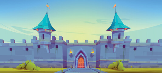 Medieval castle wall, fairytale fortress building with turrets, wooden arched gate and paved road under blue sky. Fantasy magic ancient architecture, royal palace, kingdom Cartoon vector illustration - obrazy, fototapety, plakaty