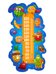 Kids height chart cartoon fruits superhero characters, growth meter. Vector wall sticker with watermelon, orange, mango, apple and plum, pear, garnet and pineapple, apricot or kiwi, banana characters