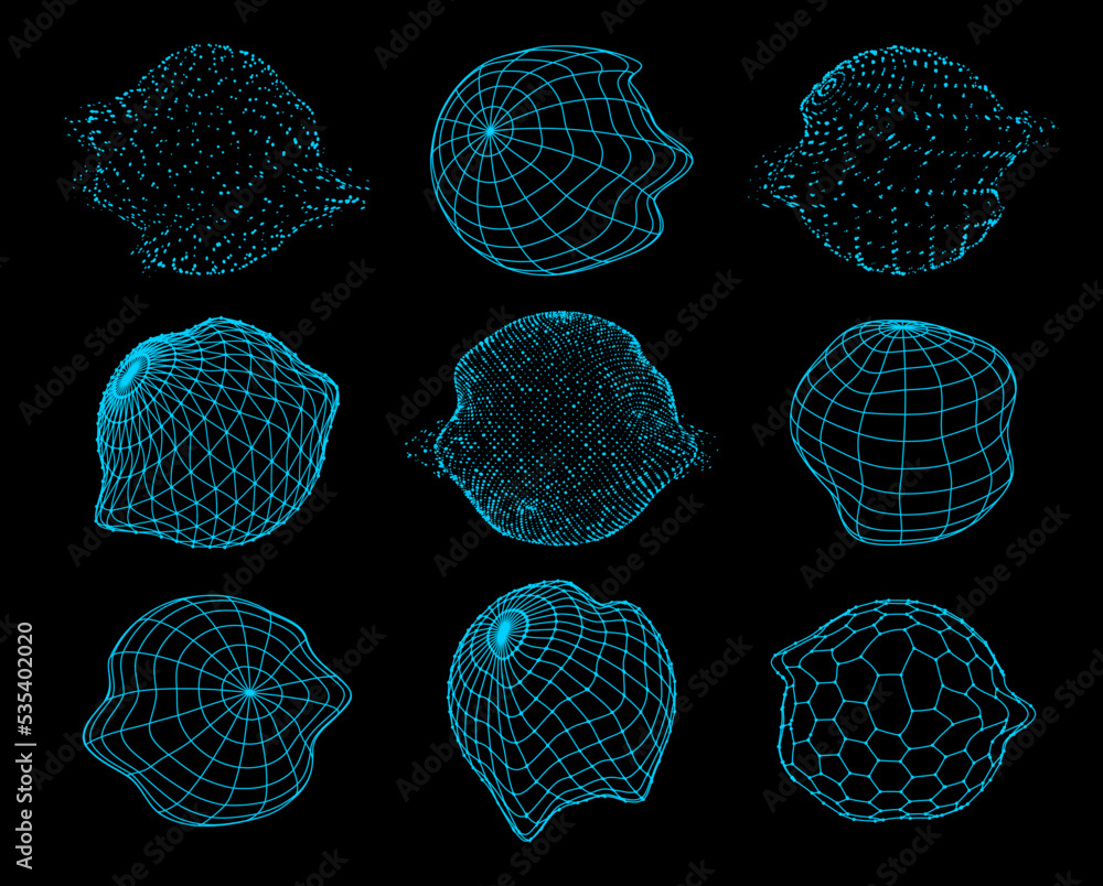 Aufkleber Futuristic sphere shapes, 3D globe wireframe with abstract grid, vector circle ball mesh. Futuristic technology sphere shapes with geometric line fractals and particles, earth in network wire frame