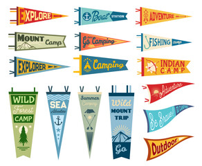 Camping pennant flags, camp pendants and outdoor sport club vector banners. Scout summer camping, kayak or boat station, fishing and mountain hiking camp pennant flag, tourism banners - obrazy, fototapety, plakaty
