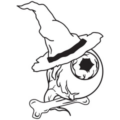 Hand drawn magical composition with a magic eye in a witch's hat and a bone