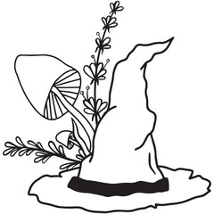 Hand drawn magical composition of a witch's hat with mushrooms and magical herbs