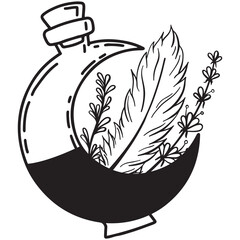 Hand drawn magical composition with a magic potion, herbs and a pen