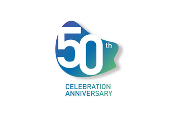 50 year anniversary celebration fun style logotype. anniversary white logo with green blue color isolated on red background, vector design for celebration, invitation and greeting card - Vector