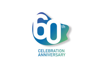 Obraz premium 60 year anniversary celebration fun style logotype. anniversary white logo with green blue color isolated on red background, vector design for celebration, invitation and greeting card - Vector