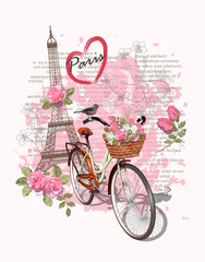 Travel Paris poster with Eiffel Tower and bicycle,Typography, t-shirt design.