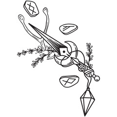 Hand drawn magical composition with a dagger, bone, amulet, magic herbs and runes