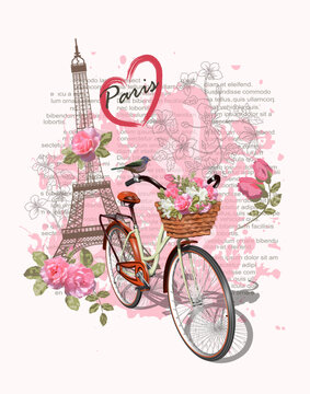 Travel Paris poster with Eiffel Tower and bicycle,Typography, t-shirt design.