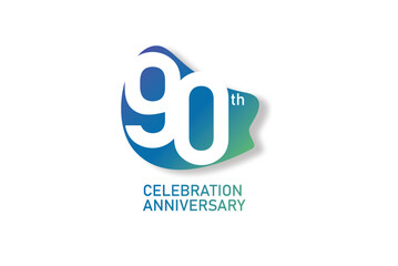 90 year anniversary celebration fun style logotype. anniversary white logo with green blue color isolated on red background, vector design for celebration, invitation and greeting card - Vector