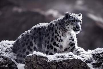 Portrait of Snow Leopard in Snow Storm. 3d illustration