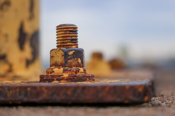 Yellow weathered Concrete screw with nut.