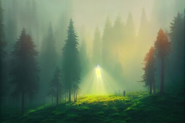 Sunbeams in Foggy Green Forest. High quality illustration