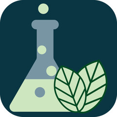 Chemistry bottle with leaves, illustration, vector on a white background.