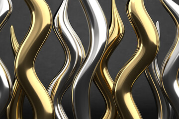 Creative abstract background of metal elements. Curved tubes of yellow and white gold. Dramatic range. 3d illustration.