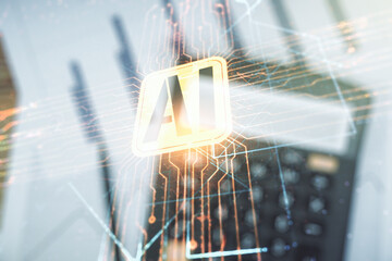 Double exposure of creative artificial Intelligence icon on blurry calculator background. Neural networks and machine learning concept