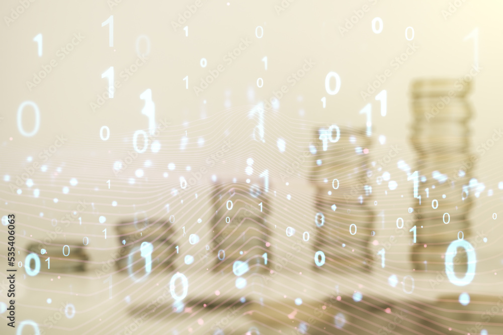 Poster abstract virtual binary code hologram on coins background, ai and machine learning concept. multiexp
