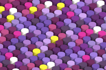 Round shapes, pattern, background, purple, yellow, pink, white colors. 3D rendered artwork