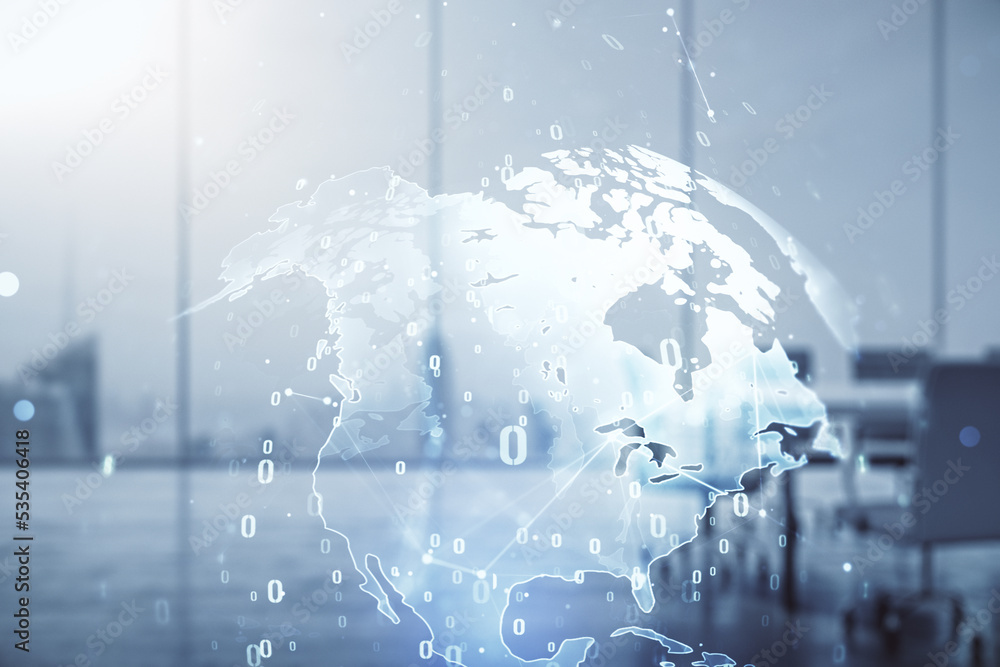 Poster double exposure of abstract creative programming illustration and world map on a modern boardroom ba