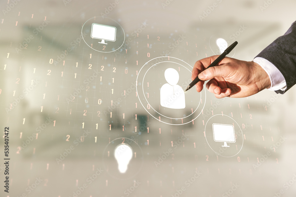 Poster man hand with pen working with abstract virtual social network concept on blurred office background.