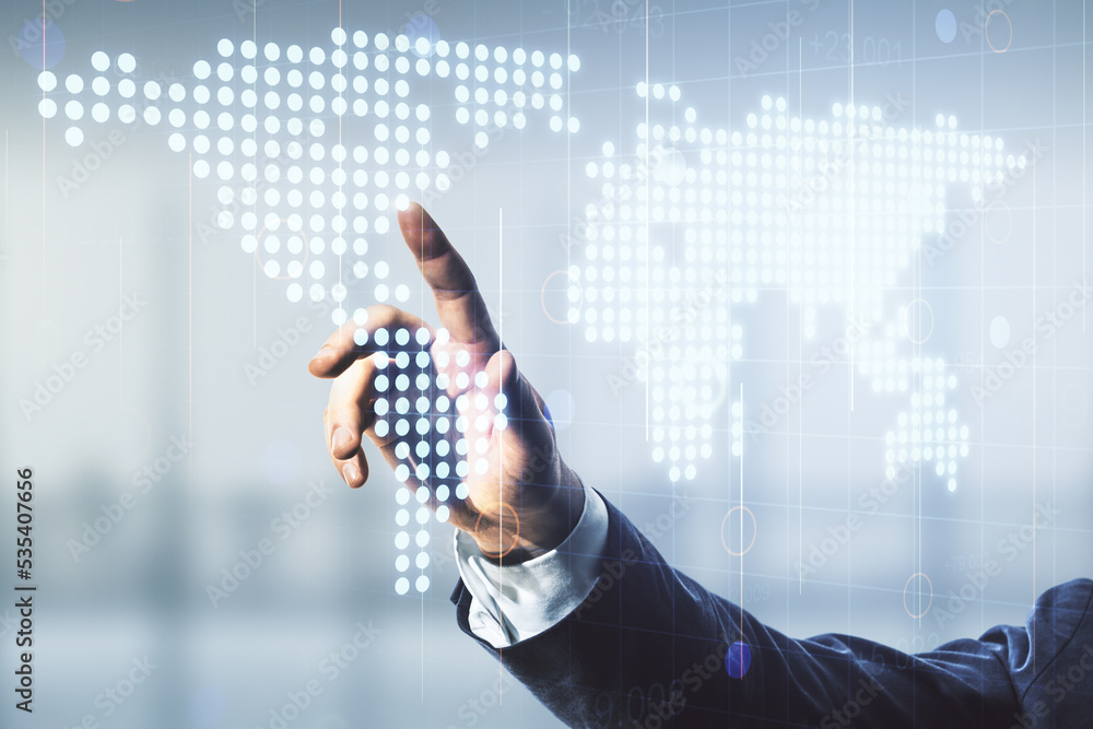 Aufkleber multi exposure of man hand working with abstract creative digital world map hologram on blurred offi