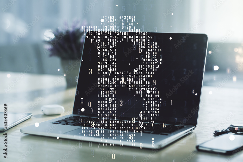 Poster double exposure of creative bitcoin symbol hologram with computer on background. mining and blockcha