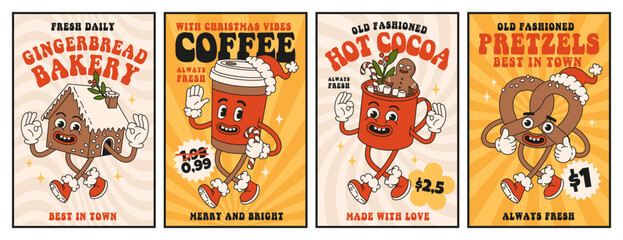 Christmas market street foods and drinks. Poster, flyer, menu design with coffee, candy, pretzel, cocoa, cookie, gingerbread in trendy retro cartoon style. Merry Christmas and Happy New year.