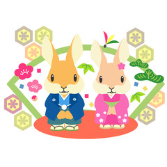 新年の挨拶をする和服姿の兎のカップル