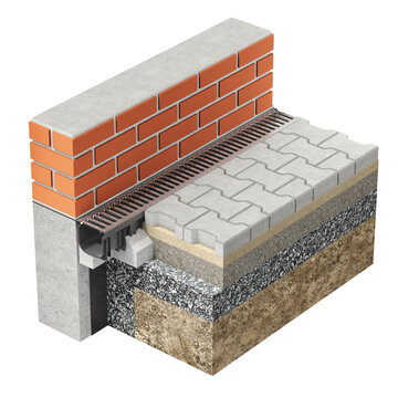Cross section of drainage system concept with channel between brick wall and pavement blocks isolated on white background - 3D illustration