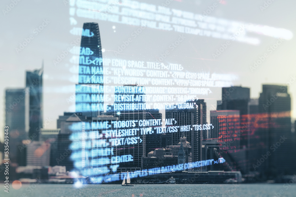 Poster multi exposure of abstract graphic coding sketch on san francisco cityscape background, big data and