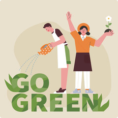 environmental protection banner. A boy watering a plant and a girl holding a flower.