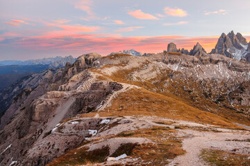 Mountainous view in the dolomites in twilight