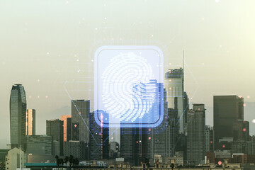 Multi exposure of virtual abstract fingerprint illustration on Los Angeles city skyline background, digital access concept