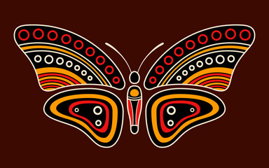 Butterfly. Aboriginal art style. Vector color illustration isolated on brown background.