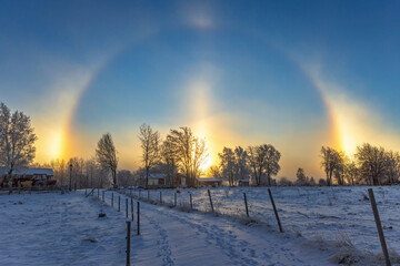 Sun halo with sun dogs in a wintry countryside