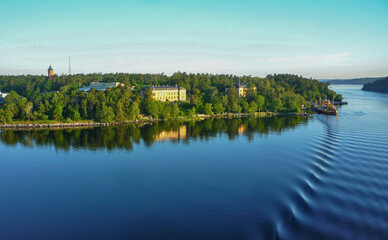 View from outdoor deck of cruiseship cruise ship liner sailing through Stockholm archipelago...