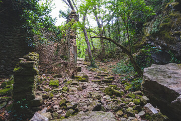 Ruins of the abandoned settlement and houses in La Jaubernie, near Coux, Ardeche (South of France)