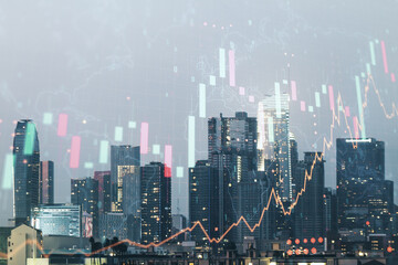 Fototapeta na wymiar Abstract creative financial graph interface and world map on Los Angeles skyline background, forex and investment concept. Multiexposure